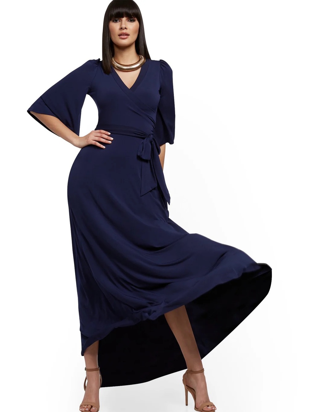 New York & Company Navy Blue Faux Wrap Flutter Sleeve Maxi Dress Size Large